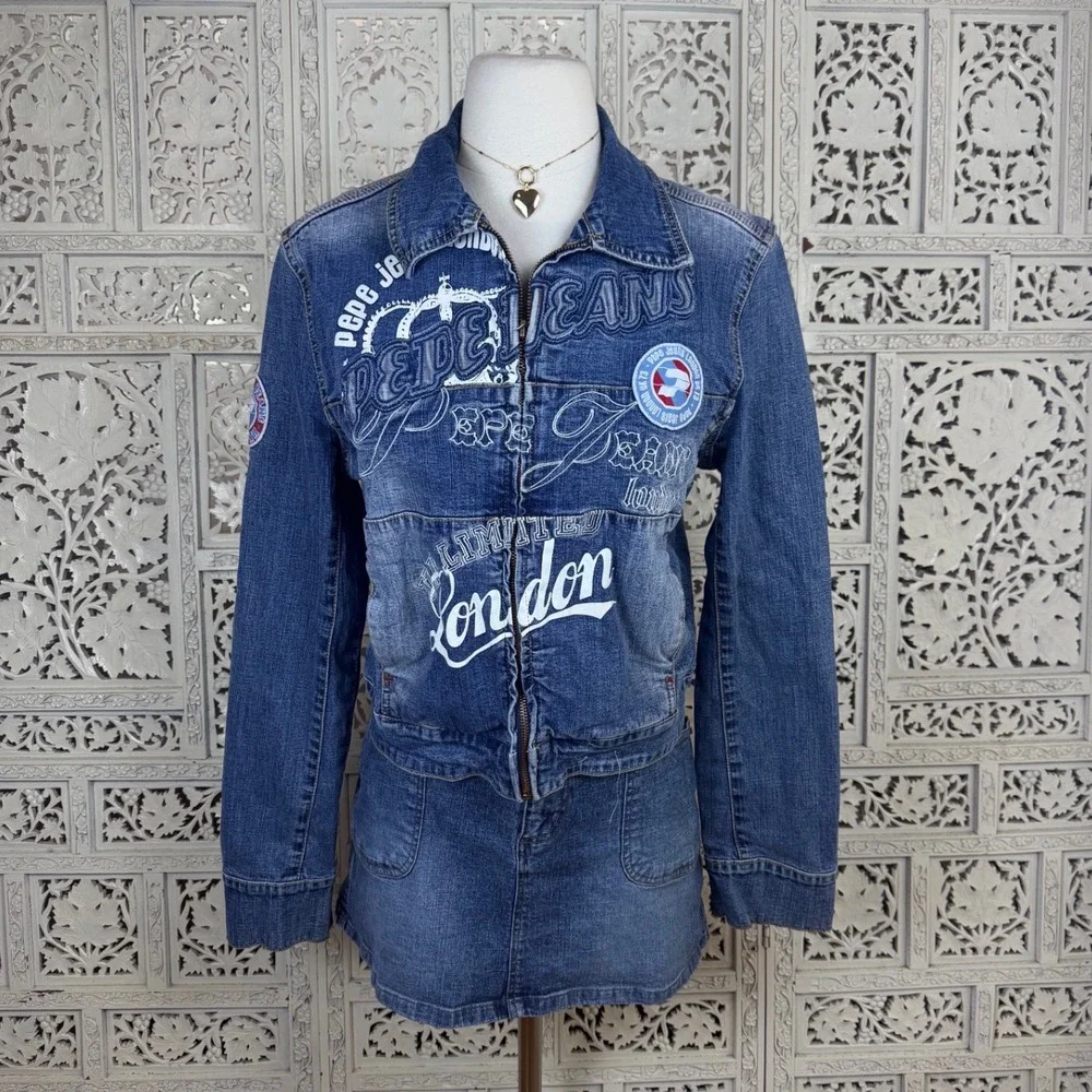 Pepe‎ Jeans London Zip Denim Jacket Sz L Fits S/M Y2K Grunge Graphic Graffiti